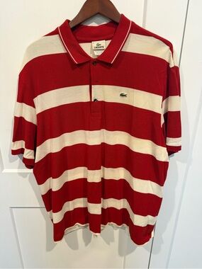 Lacoste Red and White Striped Polo Shirt with Crocodile Logo